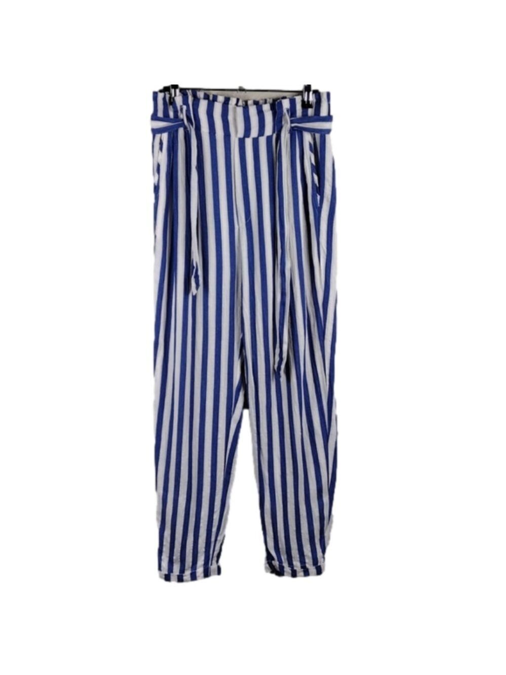 Bershka Blue White Striped Paper High Rise Bag Waist Skinny Leg Pull On Pant